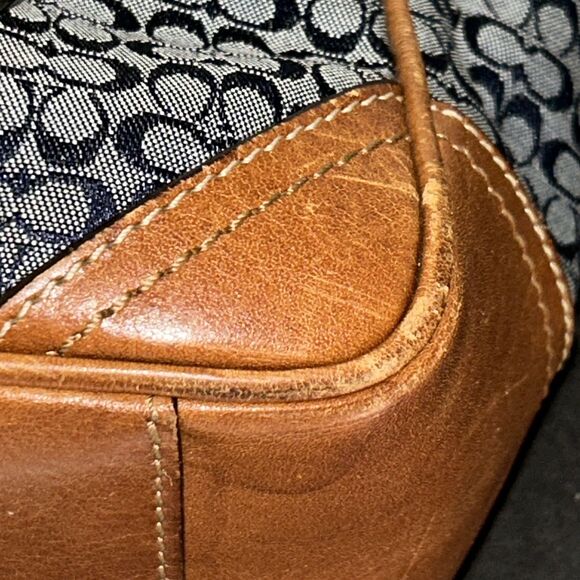 Coach Gallery Navy Blue Monogram W/ British Tan Leather Shoulder Tote F11526 - Picture 8 of 16